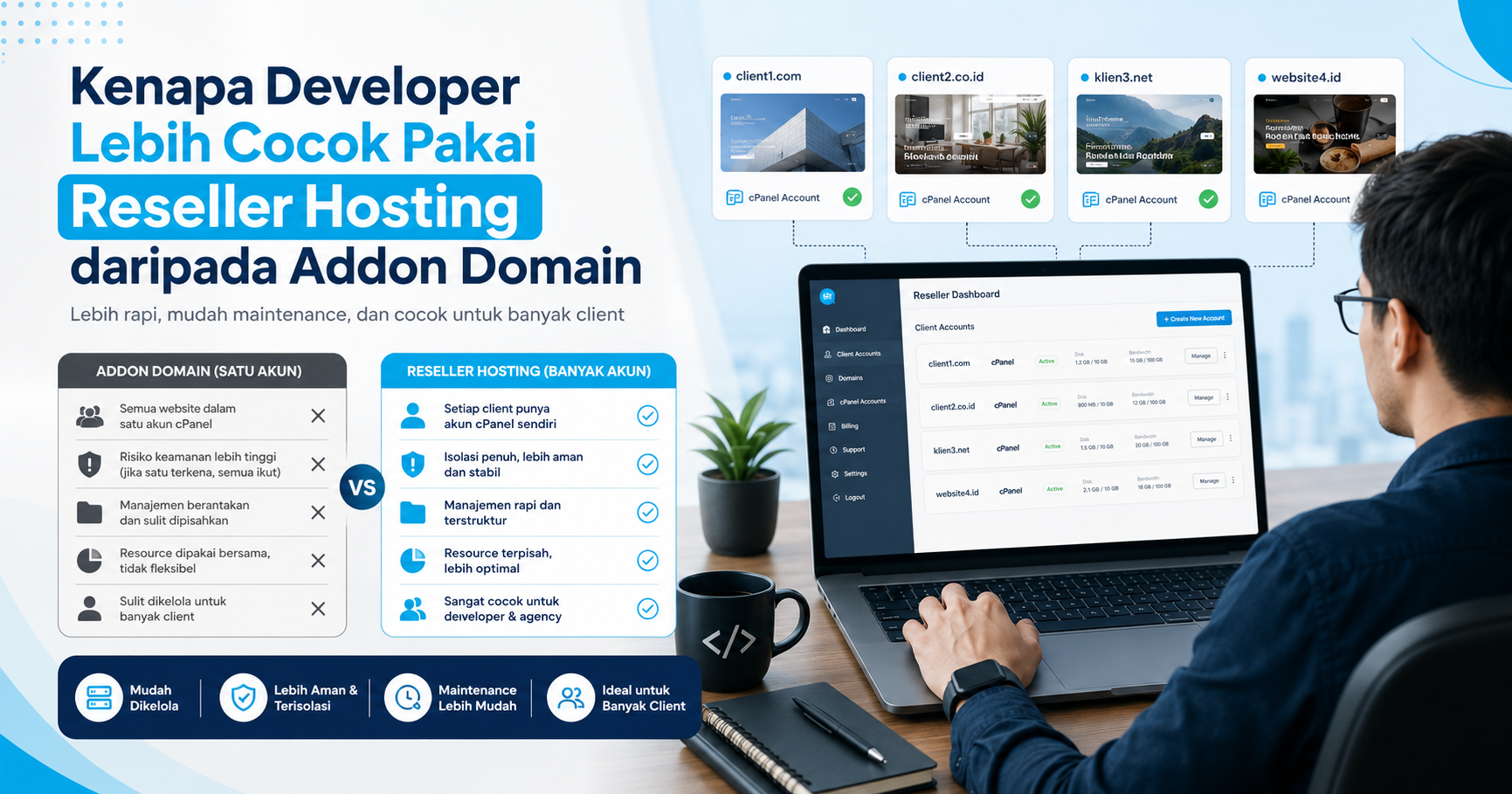 Ilustrasi developer mengelola banyak client dengan reseller hosting